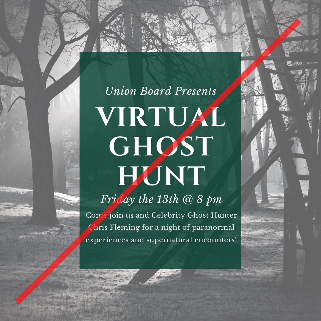 ACUnionBoard's tweet photo. hi everyone. since we figured you are all packing to go home, we have RESCHEDULED our virtual ghost hunt to next friday, november 20th at 8pm. the zoom link for this even will be in the albion today email!

safe travels everyone! https://t.co/SvysgUGae3