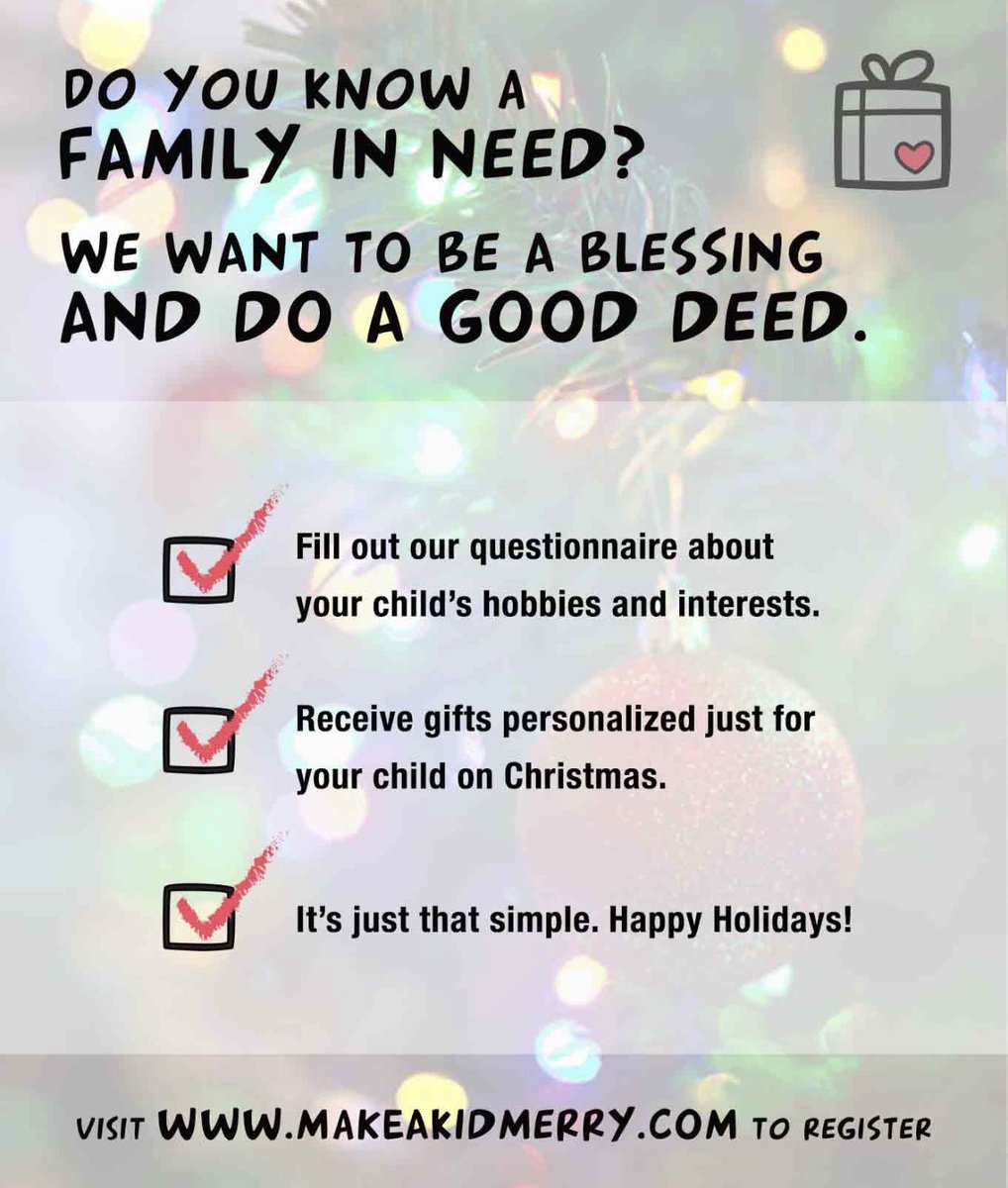 makeakidmerry's tweet photo. Let’s be honest—2020 has wiped us all out. Between COVID-19 and everything else, funds may be tight this Xmas season. If this is the case for you or someone you know, please sign up to have your child(ren) sponsored by us this year. Share this post to be a blessing for someone!! https://t.co/bDZEeNFqXk