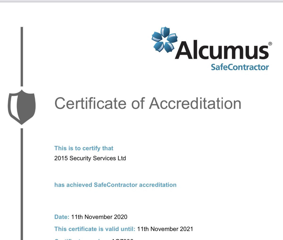 2015Security's tweet photo. We are excited to announce that we have renewed our status as a Safe Contractor for another year!

Congratulations to the team!

#safecontractor #certificate #alcumus https://t.co/Xt9vkvPWVq