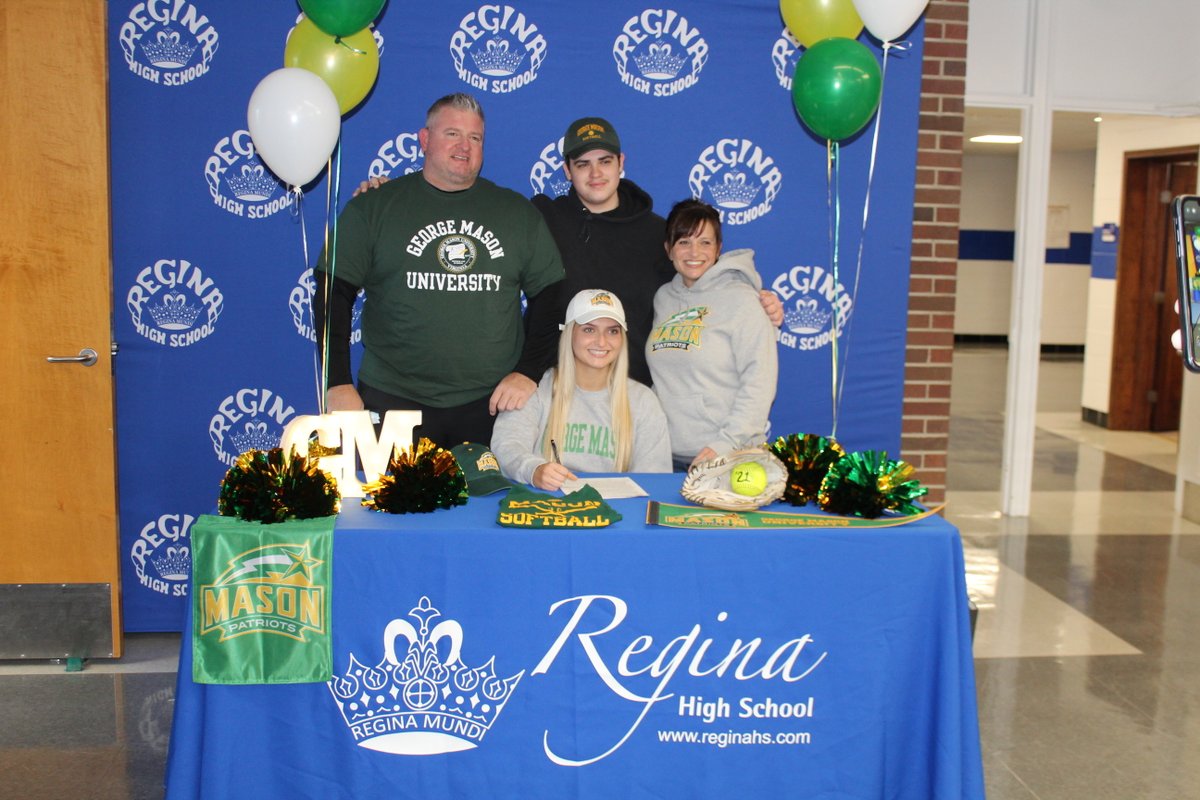ReginaWarrenMI's tweet photo. Congratulations to senior Mia Konyvka! This afternoon, she signed her letter of intent to play Division 1 Softball at @GeorgeMasonU! All of us at Regina are so proud of you! 
Mia was joined by her family, principal, coaches, teammates, and friends. #SaddleliteStrong https://t.co/L5F25mVREL