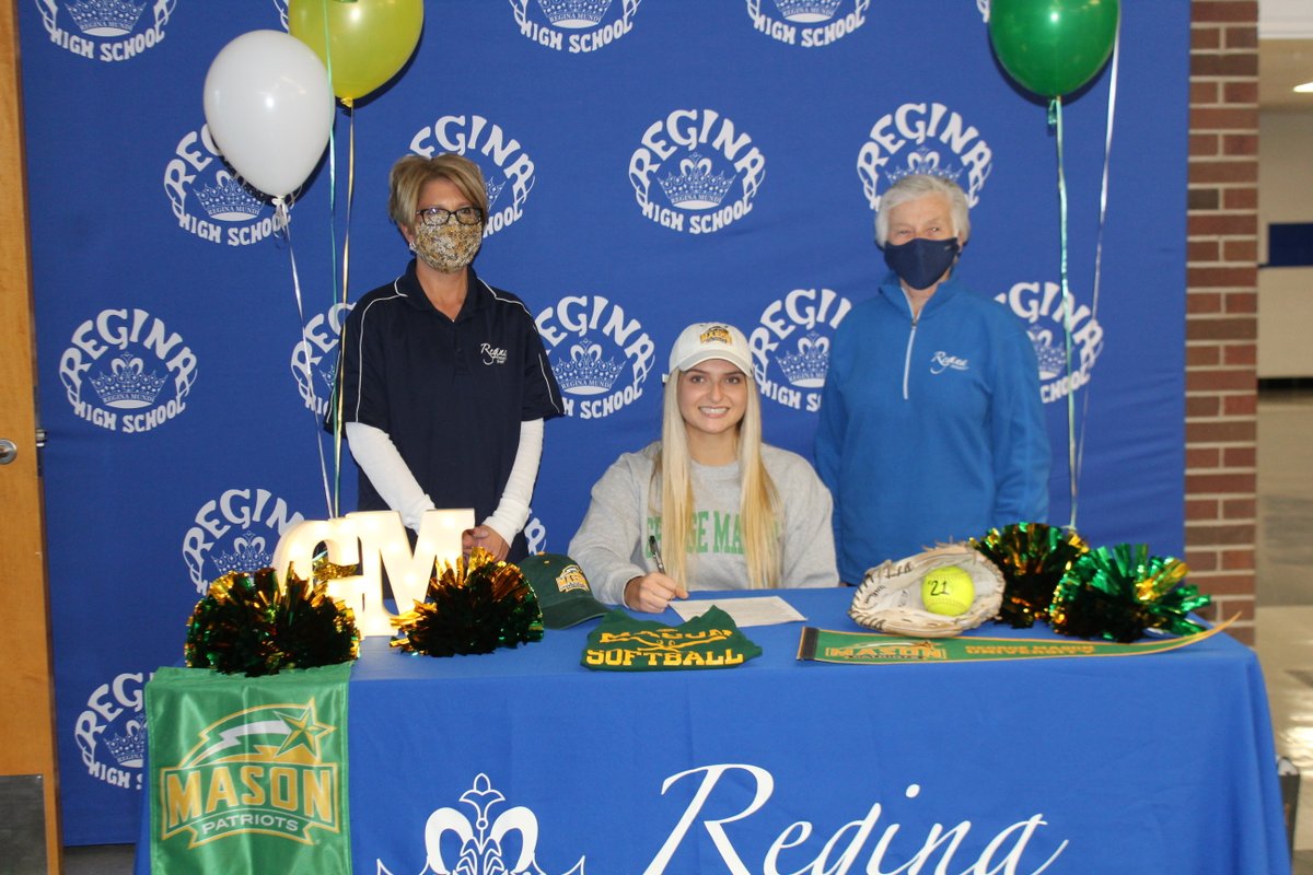 ReginaWarrenMI's tweet photo. Congratulations to senior Mia Konyvka! This afternoon, she signed her letter of intent to play Division 1 Softball at @GeorgeMasonU! All of us at Regina are so proud of you! 
Mia was joined by her family, principal, coaches, teammates, and friends. #SaddleliteStrong https://t.co/L5F25mVREL