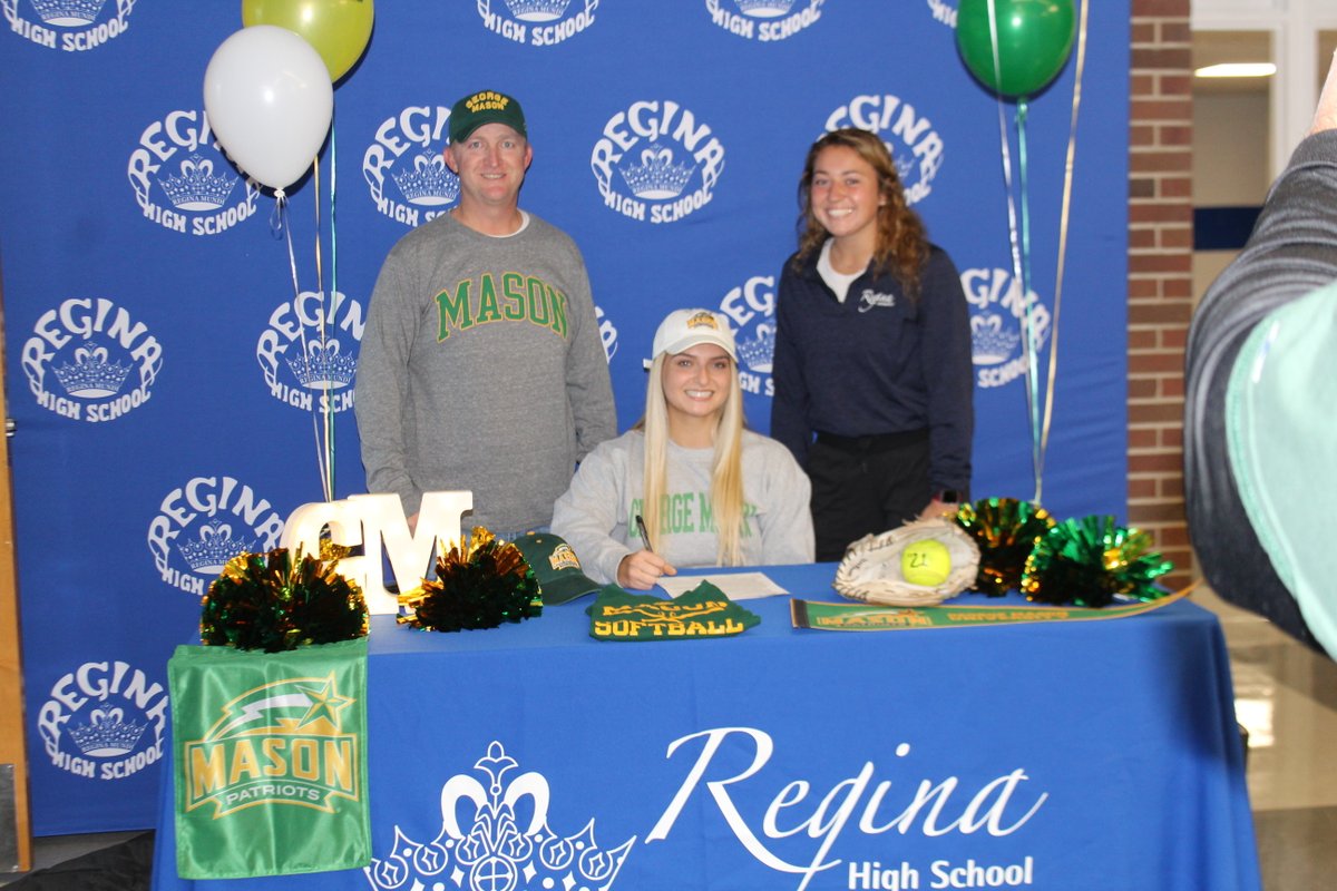 ReginaWarrenMI's tweet photo. Congratulations to senior Mia Konyvka! This afternoon, she signed her letter of intent to play Division 1 Softball at @GeorgeMasonU! All of us at Regina are so proud of you! 
Mia was joined by her family, principal, coaches, teammates, and friends. #SaddleliteStrong https://t.co/L5F25mVREL
