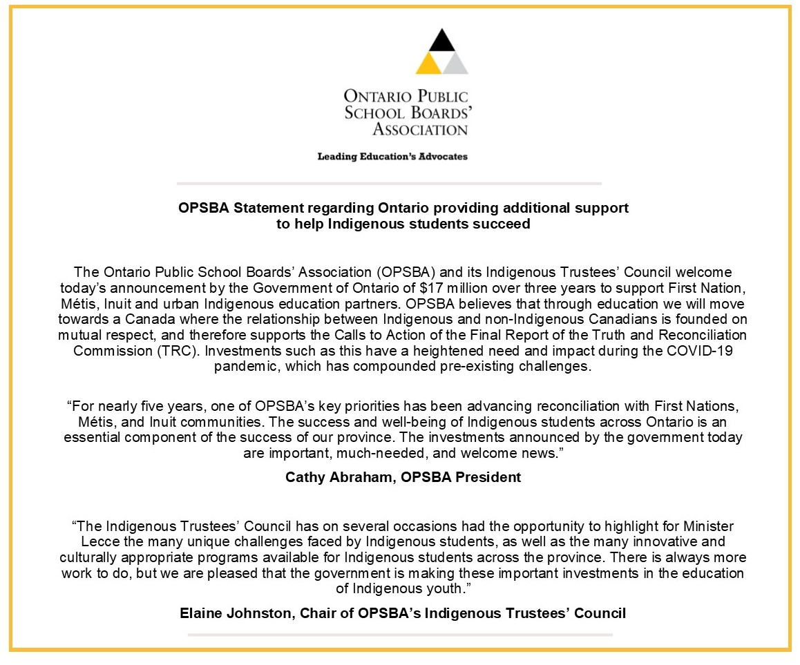 OPSBA's tweet photo. Our statements regarding the announcement earlier today of $17 million over three years to support Indigenous education partners. #opsbastatements https://t.co/HZ3QCAcod7 #onted #onpoli https://t.co/Wv9cwRwj4s