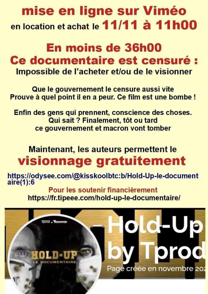 certainementpas's tweet photo. Visionnez le documentaire, c’est permis maintenant par les auteurs de Hold-up pour contourner la censure, partagez et soutenez les financièrement. #HoldUpLeFilm 👍👍👍
Ce film doit perdurer et contourner les interdictions honteuses.
Merci 🙏🏻 pour #Tprod https://t.co/wbb16TkyeK