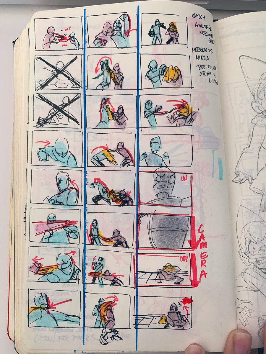 there were a lot of revisions until we got to the final boards and i would also often thumbnail key poses for certain shots??