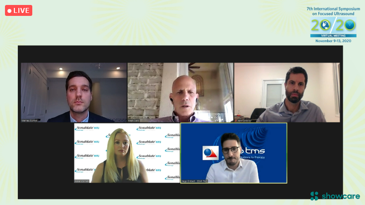 FUSFoundation's tweet photo. Our panelists, from top, L-R:
+ Mathieu Burtnyk, @ProfoundMedical
+ Mark Carol, @FUSFoundation (moderator)
+ Amit Sokolov, @INSIGHTEC
+ Karen Cornett, @SonaCareMedical
+ Hugo Embert, @EDAPTMS
#FUSF2020 https://t.co/lK2BQTYM6O