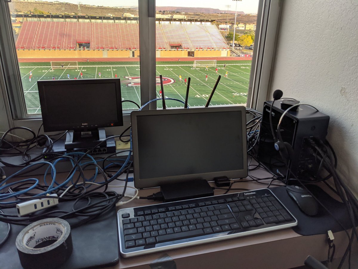 BarrettHilton's tweet photo. Beautiful day in St George as we set up for tomorrow's @UHSAAinfo 2A &amp; 3A championship football broadcasts on @CentralUtahTV &amp; @KSVCNews. I know it's hard that so many have to miss these that would love to come, but I hope being able to watch at home brings some joy. https://t.co/8QoSnlXYQg