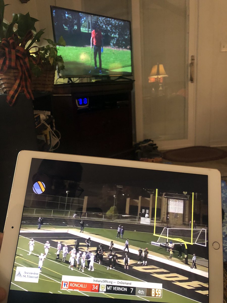 ifda1314's tweet photo. Friday night from Alabama......@TheMasters on TV....@rbb_brown and @RoncalliFB on the Ipad...and luv’n every minute!!!! Lets goooooo Rebels!!! 💪🏼💯💥🏆🏈🐐🇺🇸 https://t.co/SDdLavg2Vl