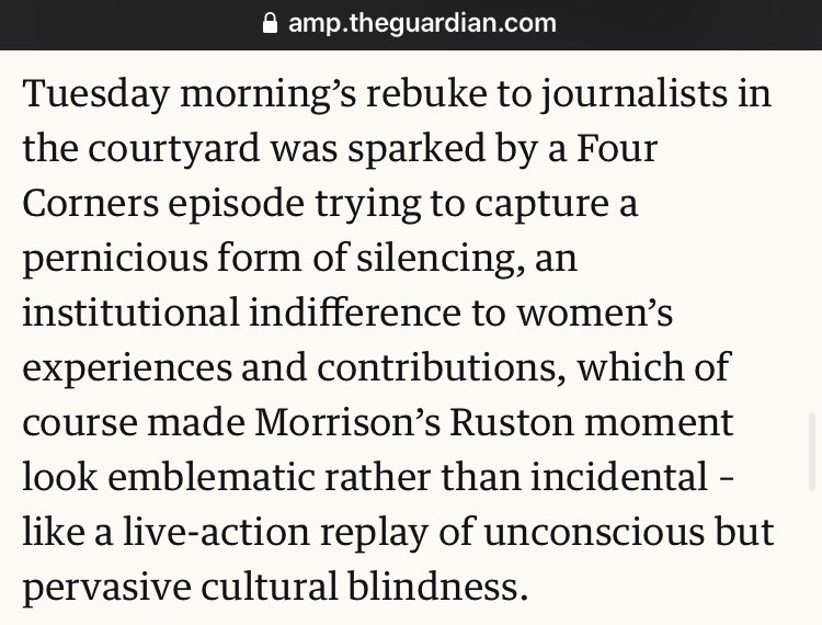 Tuesday morning’s courtyard “rebuke” was sparked by Morrison’s toxic misogyny, which of course is emblematic of a prime ministership which emerged from a wave of misogynist bullying that was reported at the time by asking *if* the Liberal Party has a women (ie misogyny) problem.