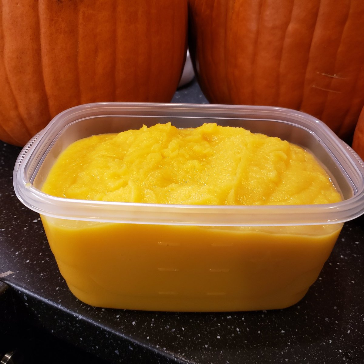 TheOneChameleo1's tweet photo. One pumpkin's puree, one still baking, two and a baking pumpkin on hold. The seeds are drying to be roasted later. 

Looks like I'm sharing and freezing soup. 

#Pumpkins #ItsSoup #VeganFoodie https://t.co/Tey4tnoD6Q