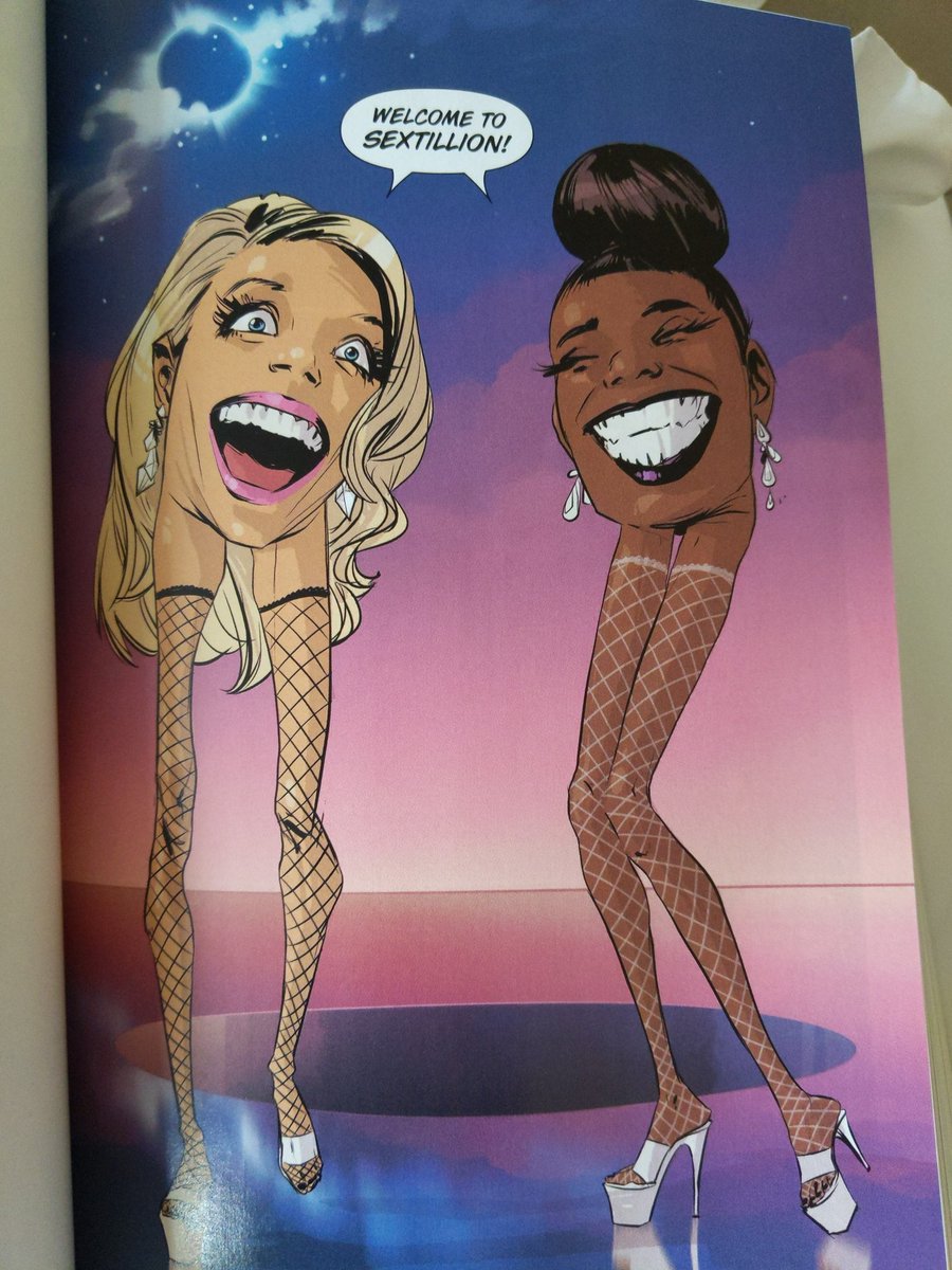 Picture of a full-page panel from the graphic novel Saga. Two female-presenting beings who appear to be human heads with human legs, but no torso in between. They are wearing earrings and fish net stockings. They are smiling and saying, "welcome to sextillion!"