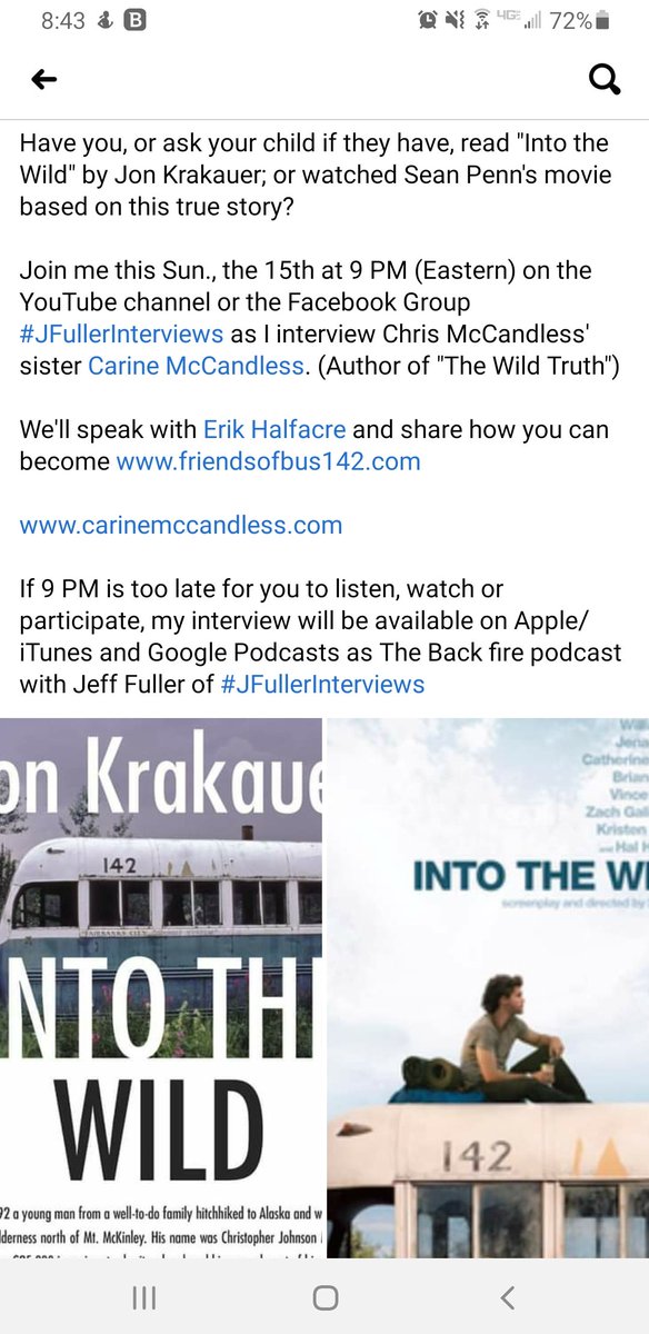 JeffFul83212442's tweet photo. This Sun., 11/15/20 @TrueCarine #IntoTheWild #TheWildTruth @KrakauerJon @SeanPenn #Supertramp #ChrisMcCandless on the YouTube channel and the Facebook Group #JFullerInterviews https://t.co/dm224ryTbg