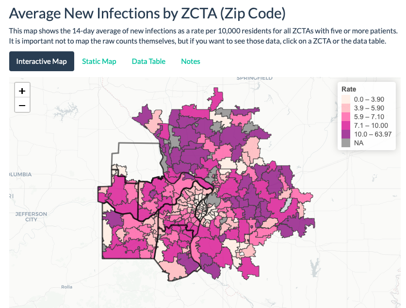 I’ve finally accumulated enough daily ZIP code data for Metro East and Warren County to share 14-day averages of new cases, which are now available on the site. 2/6  https://slu-opengis.github.io/covid_daily_viz/stl.html