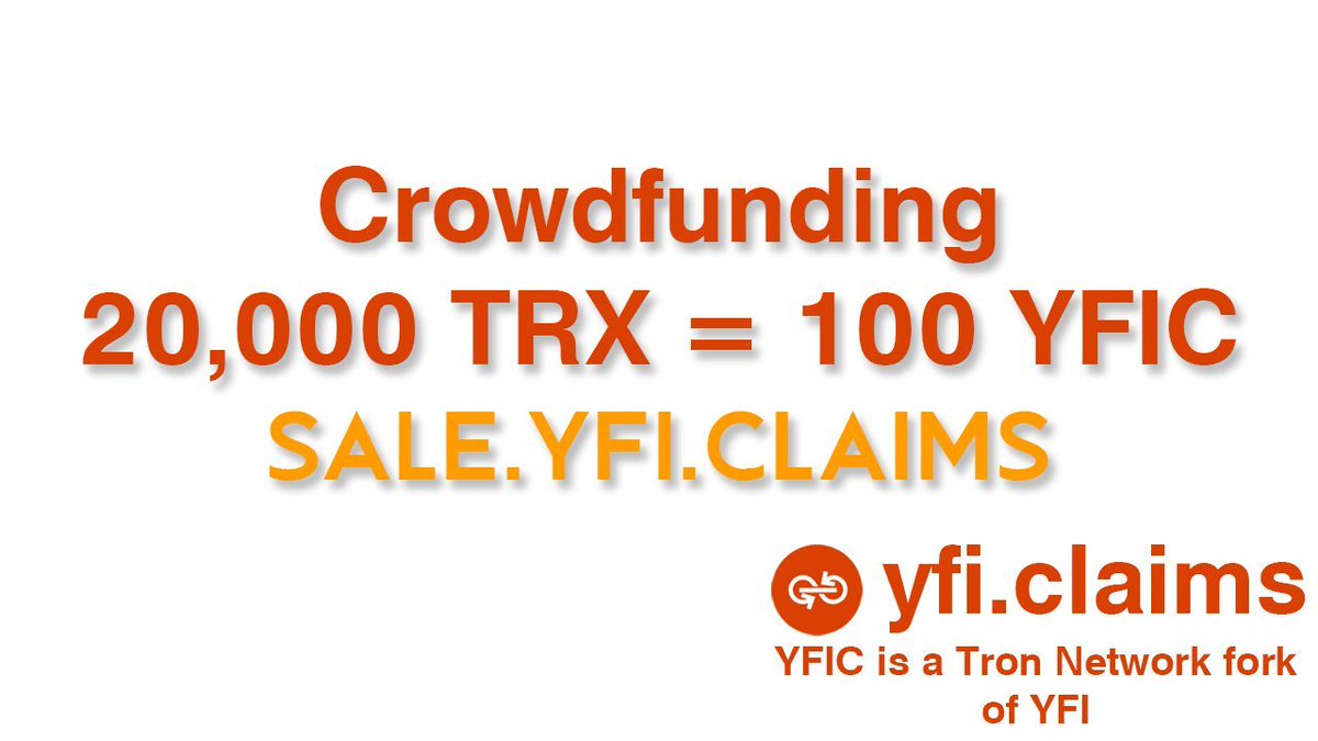YFIClaims Presale ONGOING.

Participate here: sale.yfi.claims

Price : 20,000 TRX = 100 YFIC
Min Buy : 2,000 TRX -- Max Buy : 300,000 TRX

Presale address: 
TAUk1URr8U4RipQGoLnauTLnQz1dm4CkbW

❗️: DON'T send TRX from Exchanges.
❗️❗️: Listing on Justswap after presale