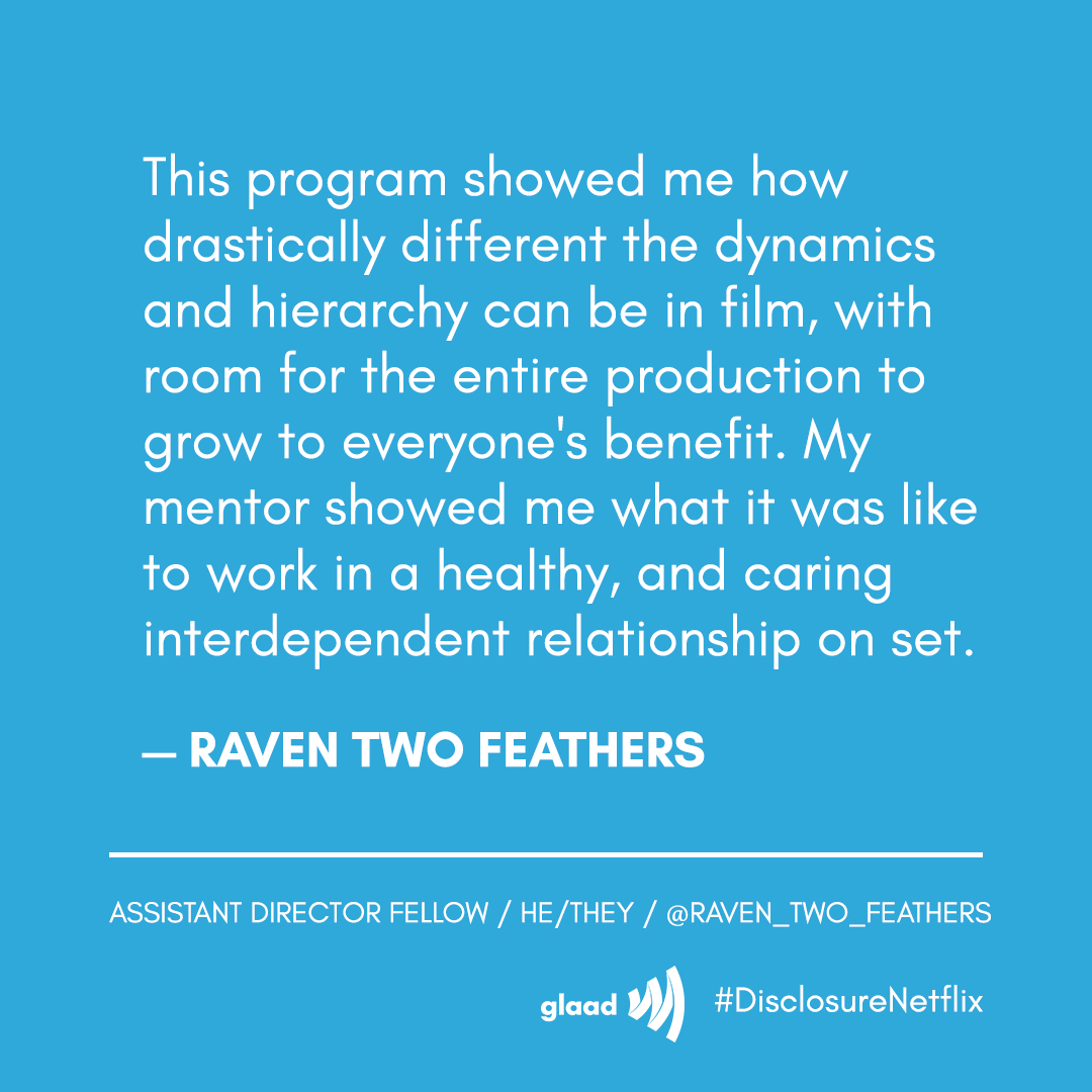Disclosure_Doc's tweet photo. @glaad @Lavernecox @SamFederFilm @NetflixFilm @Most Mentorship and growth were guiding principles on the #DisclosureNetflix set, which allowed our Assistant Director Fellow Raven Two Feathers (@raven_two_feathers) to experience a different type of filmmaking.
#TransAwarenessWeek #DisclosureBTS w/ @GLAAD https://t.co/GEo8pH6TEE