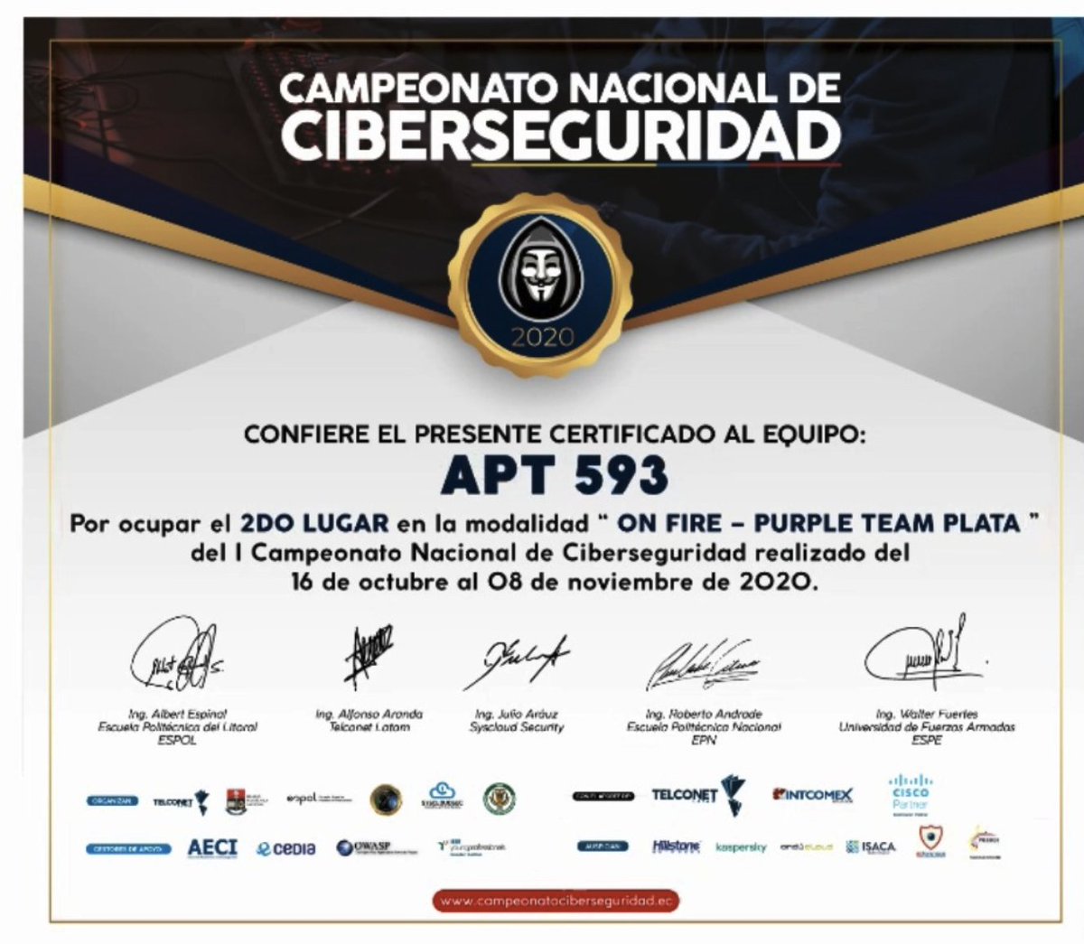 4PT593's tweet photo. Participamos en el @CampCiberEC.
Agradecemos a los organizadores por la memorable experiencia. 
Nuestros miembros @_munra_ @FernandOrtizF @andres_checa
@jorgejams88 por su rendimiento recibieron varios premios.
 🥇 Red team y categoría abierta
 🥈 Purple team
 🥋Ciberguerrero https://t.co/2lK8rfeH8K