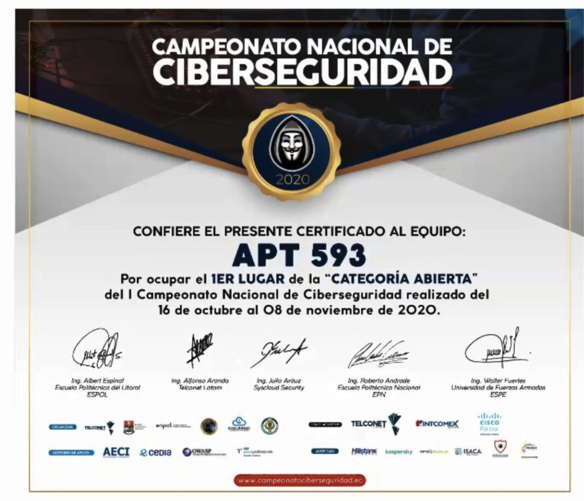 4PT593's tweet photo. Participamos en el @CampCiberEC.
Agradecemos a los organizadores por la memorable experiencia. 
Nuestros miembros @_munra_ @FernandOrtizF @andres_checa
@jorgejams88 por su rendimiento recibieron varios premios.
 🥇 Red team y categoría abierta
 🥈 Purple team
 🥋Ciberguerrero https://t.co/2lK8rfeH8K