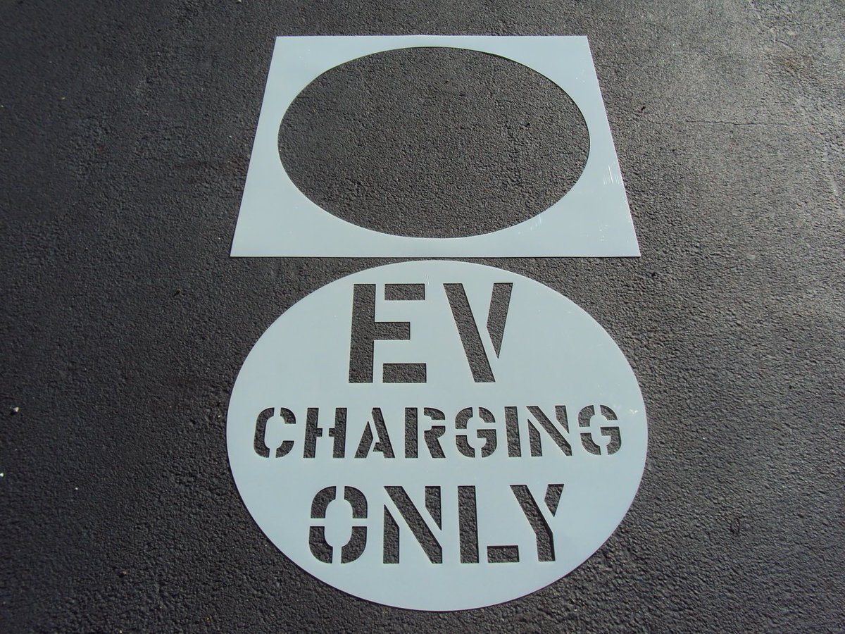 AmericanStripe's tweet photo. We MFG (8) #ElectricVehicle #ParkingLotStencils so far. https://t.co/9jLyyRmHRE Snap a chalk line along the bottom of your #ParkingStalls Use it as a guide. Spray the Dot. Dry. Place the inner, circular. Spray colors! #ParkingLotStriping #PropertyMaintenance #PropertyManagement https://t.co/01oKs4IvMV
