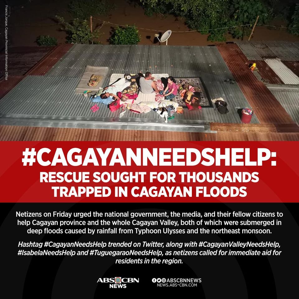 ABSCBNNews's tweet photo. Patuloy ang panawagan ng maraming netizen na tulungan ang mga apektado ng matinding pagbaha sa Cagayan Valley region. Gamit ng mga ito ang #CagayanNeedsHelp at #IsabelaNeedsHelp upang ipaabot sa publiko ang sitwasyon sa rehiyon. 

BASAHIN: https://t.co/TZpHQUMMMw https://t.co/otTu81IK1y