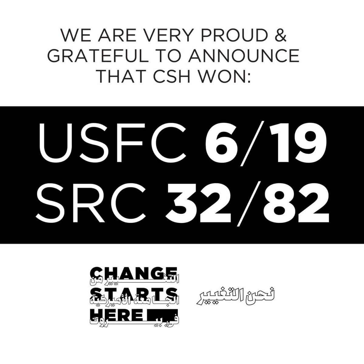 CSH_AUB's tweet photo. We are so happy to announce CSH’s victory with the following results.
Thank you for believing in us; your support is priceless.
Stay tuned, change is coming! #aubelections https://t.co/TrkEecJDdm
