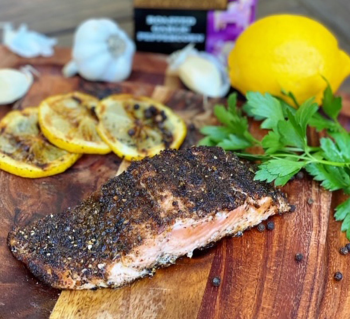 Winter Salmon and Vegetables. Proving salmon isn’t just for summer! Make this delicious, healthy, winter meal in under 30 minutes! Coat your salmon in Roasted Garlic Peppercorn and place in broiler. Cook until 140 degrees. Let rest and should be at 145 degrees after resting.