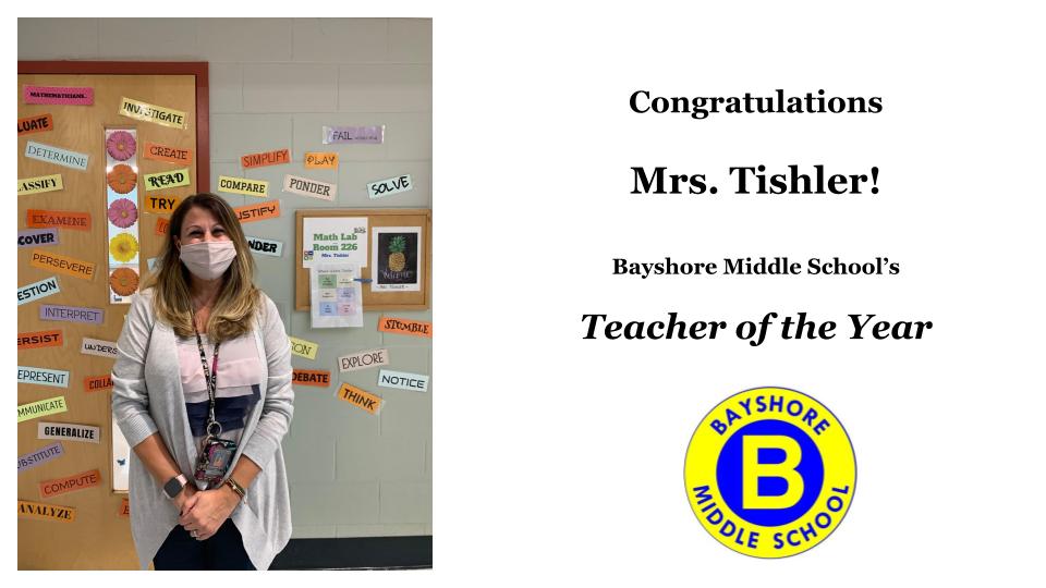 BayshoreMiddle's tweet image. Very proud to announce Mrs. Tishler as TEACHER OF THE YEAR! Job well done; recognition well deserved! @jmtishler #DolphinPride #MTPSPride