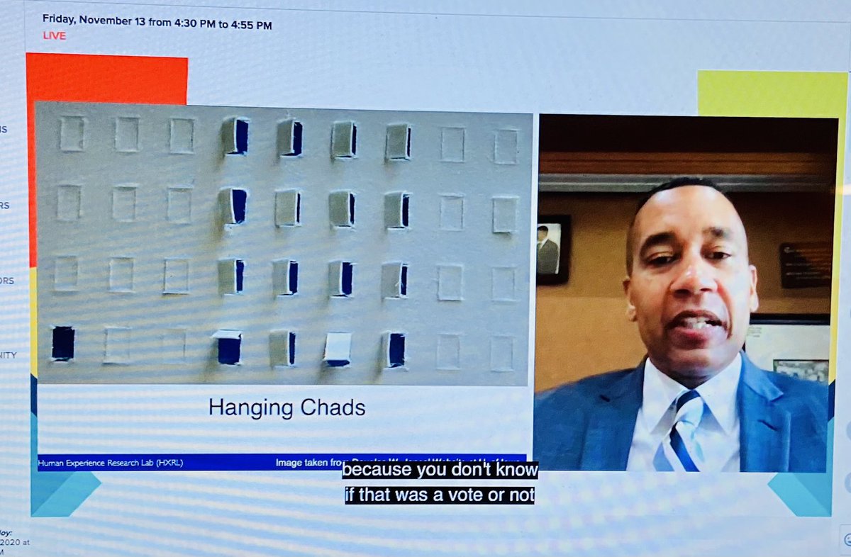 Hoosierdiana's tweet photo. Remember hanging chads? “From the lab to the ballot box” — talk about timely research! @Technology, Mind, and Society (TMS) @DrJuanGilbert #APATech20 @APAScience https://t.co/2ivOEOqQho