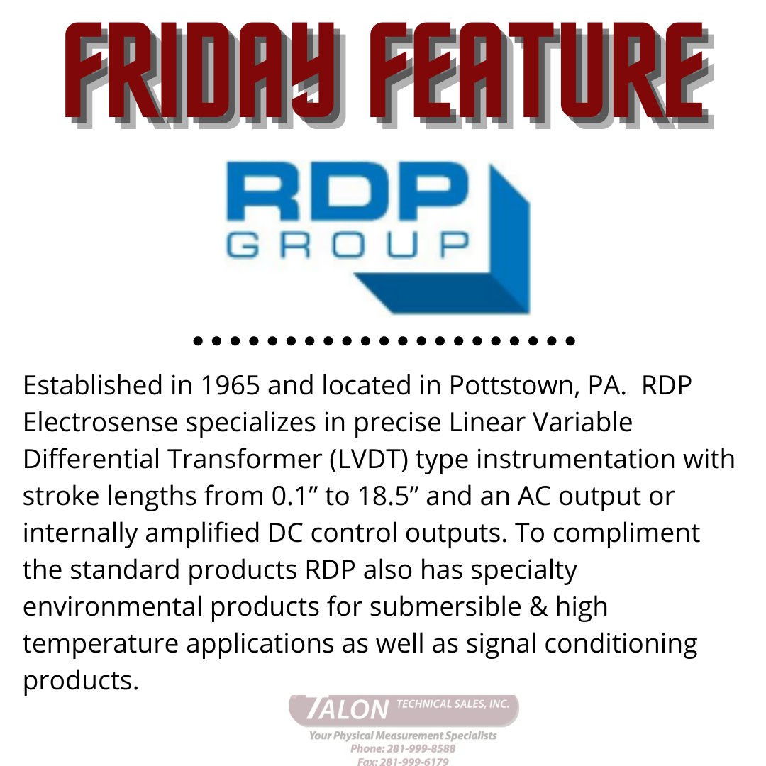TALONTechSales's tweet photo. This week's Friday Feature is RDP Electrosense. Click to our website to see what they offer and chat with a TALON rep for a quote. https://t.co/hhGDBpdwe5
#instrumentation #submersible #LVDTs #temperature https://t.co/Evyrp5HywV