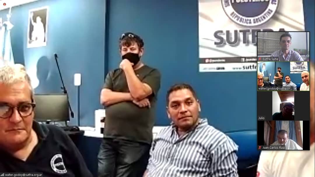 SutfraSalta's tweet photo. Encuentro virtual vía Zoom SUTFRA a nivel Nacional en el cual nuestro Secretario General de la Provincia de Salta, @2Galos, junto a Secretarios Generales de toda la República Argentina mantuvieron un intercambio con @WalterAGodoy (Conducción Nacional). https://t.co/qkbKBNOARU