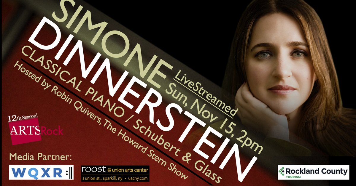 Join us this Sunday at 2pm ET for a live streamed concert with renowned classical pianist <a href="/sdinnerstein/">Simone Dinnerstein</a> at <a href="/uacny/">Union Arts Center</a>. Hosted by <a href="/rqui/">Robin Quivers</a> from <a href="/sternshow/">Stern Show</a>. On Demand through 11/20. Tix at ArtsRock.org Thank you to <a href="/WQXR/">WQXR Classical</a>, &amp; our sponsors <a href="/RoostRestaurant/">Roost Restaurant</a> and <a href="/explorerockland/">Rockland County NY</a>