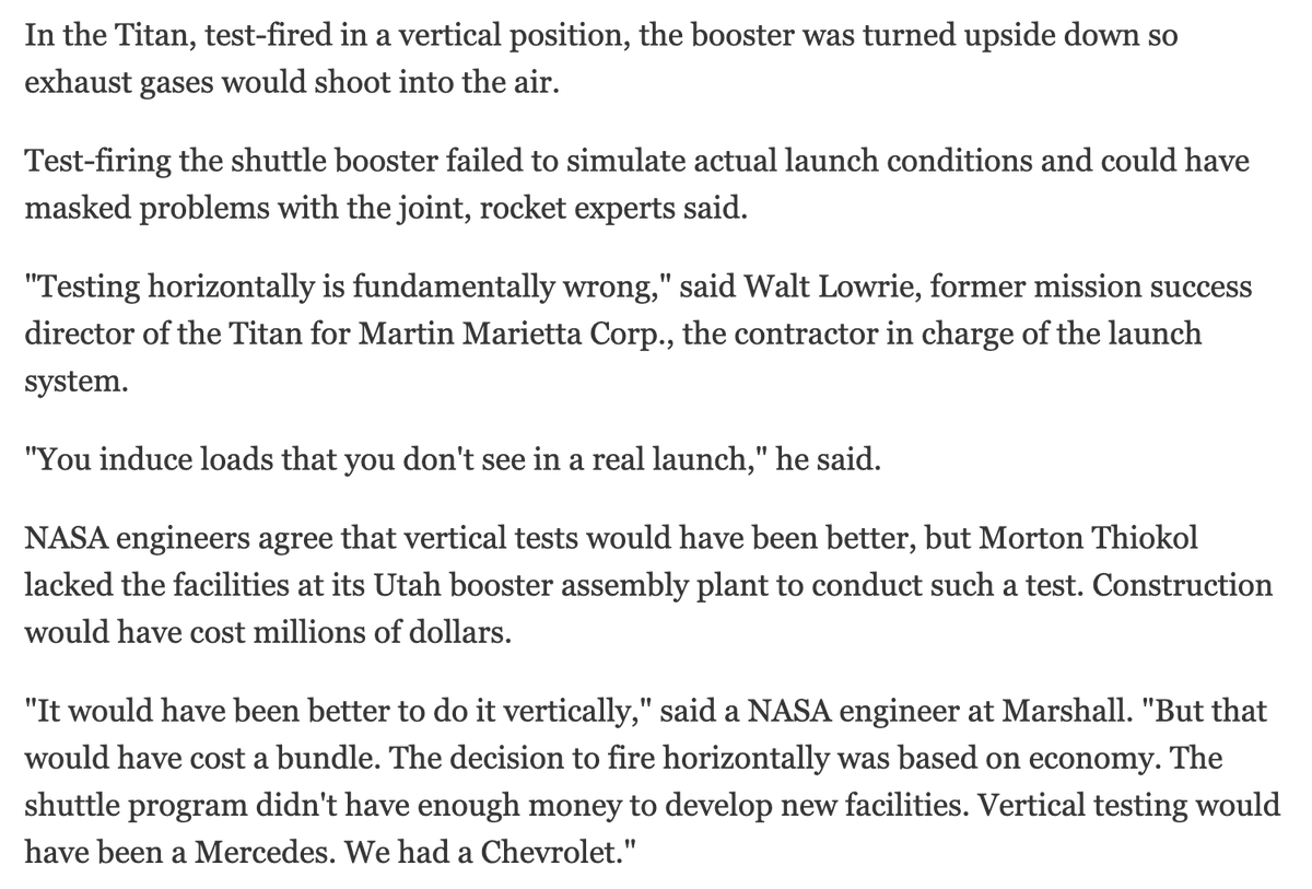 After the Challenger accident, this difference in approach turned into a public spat -- as you can see from these ¶s from "Shuttle Booster Design Couldn't pass Titan Test" in the Orlando Sentinel on April 6, 1986.