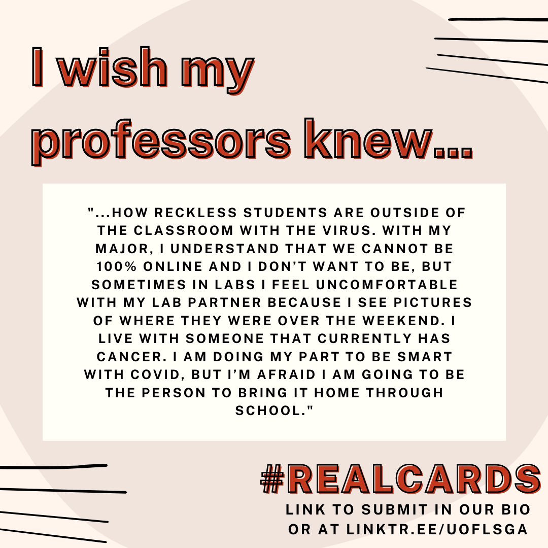 UofLSGA's tweet photo. This week’s #RealCards survey responses are from students who feel afraid to come to campus, many of whom live with someone who is high-risk for contracting COVID-19 or are high-risk themselves.

Do you feel safe on campus? How is coming to campus impacting your mental health? https://t.co/khyasexOXv