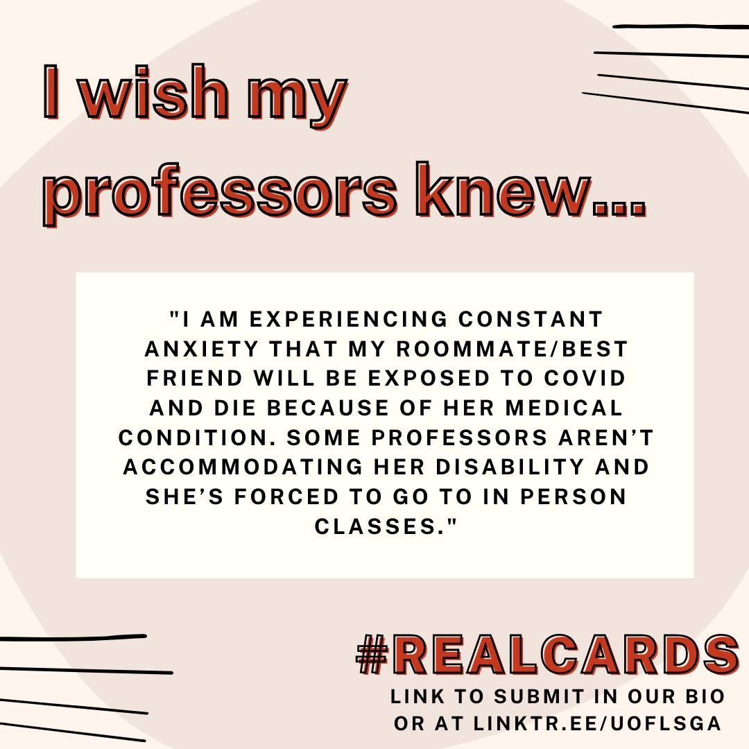 UofLSGA's tweet photo. This week’s #RealCards survey responses are from students who feel afraid to come to campus, many of whom live with someone who is high-risk for contracting COVID-19 or are high-risk themselves.

Do you feel safe on campus? How is coming to campus impacting your mental health? https://t.co/khyasexOXv