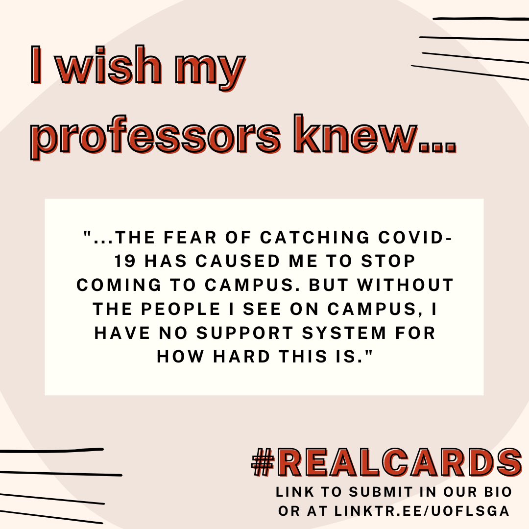 UofLSGA's tweet photo. This week’s #RealCards survey responses are from students who feel afraid to come to campus, many of whom live with someone who is high-risk for contracting COVID-19 or are high-risk themselves.

Do you feel safe on campus? How is coming to campus impacting your mental health? https://t.co/khyasexOXv