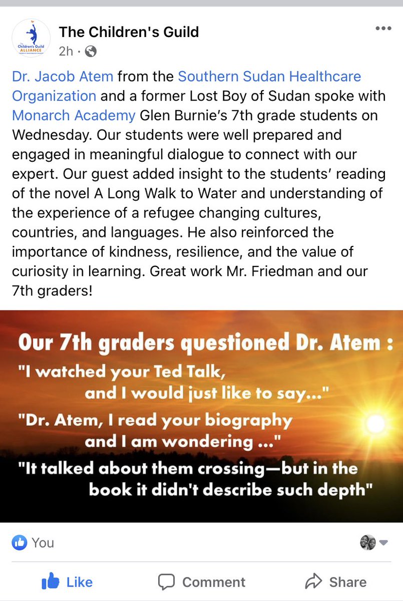 MonarchAACPS's tweet photo. This week, Dr. Atem, one of the lost Boys of Sudan met with our 7th graders. His interaction with our students was incredible! The Monarch Way of learning is like no other! #theMonarchWay ⁦@ELeducation⁩ ⁦@AACountySchools⁩ https://t.co/tcAJ9McZhO