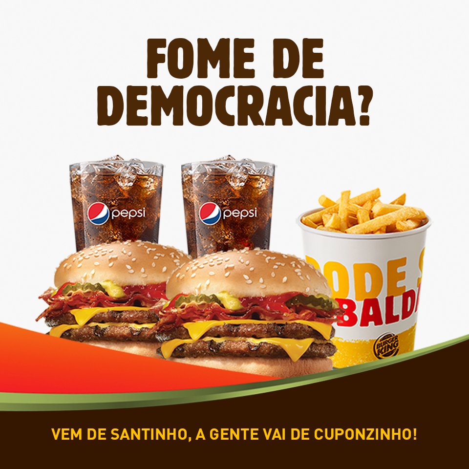 BurgerKingBR's tweet photo. Nessas eleições, o seu voto vai ser responsável e consciente! Nesse domingo, leve o santinho de qualquer candidato até o BK e troque por ofertas que cumprem as suas promessas. Aleluia, arrepiei! https://t.co/456vv3cR37