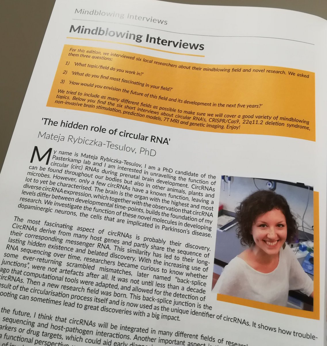 m_ryb's tweet photo. The Journal of Neuroscience & Cognition asked me for a "Mindblowing Interview". Even though they advanced my stage of education a little (still working on that "PhD") I am happy to have contributed by sharing some passion for circRNAs! #ncrna #circrtrain #MSCA #scicomm https://t.co/ZP0ZiJUCkK