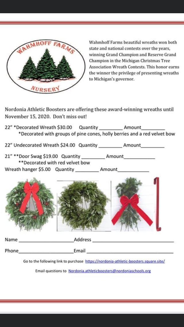 Booster Holiday Wreath Fundraiser. Orders taken through 11/15 at (BR):

Nordonia-athletic-boosters.square.site 

<a href="/CaseyGWright/">Casey G. Wright</a> <a href="/DrJoeClark/">Joe Clark</a> <a href="/NHSAthletics1/">NHS Athletics</a>