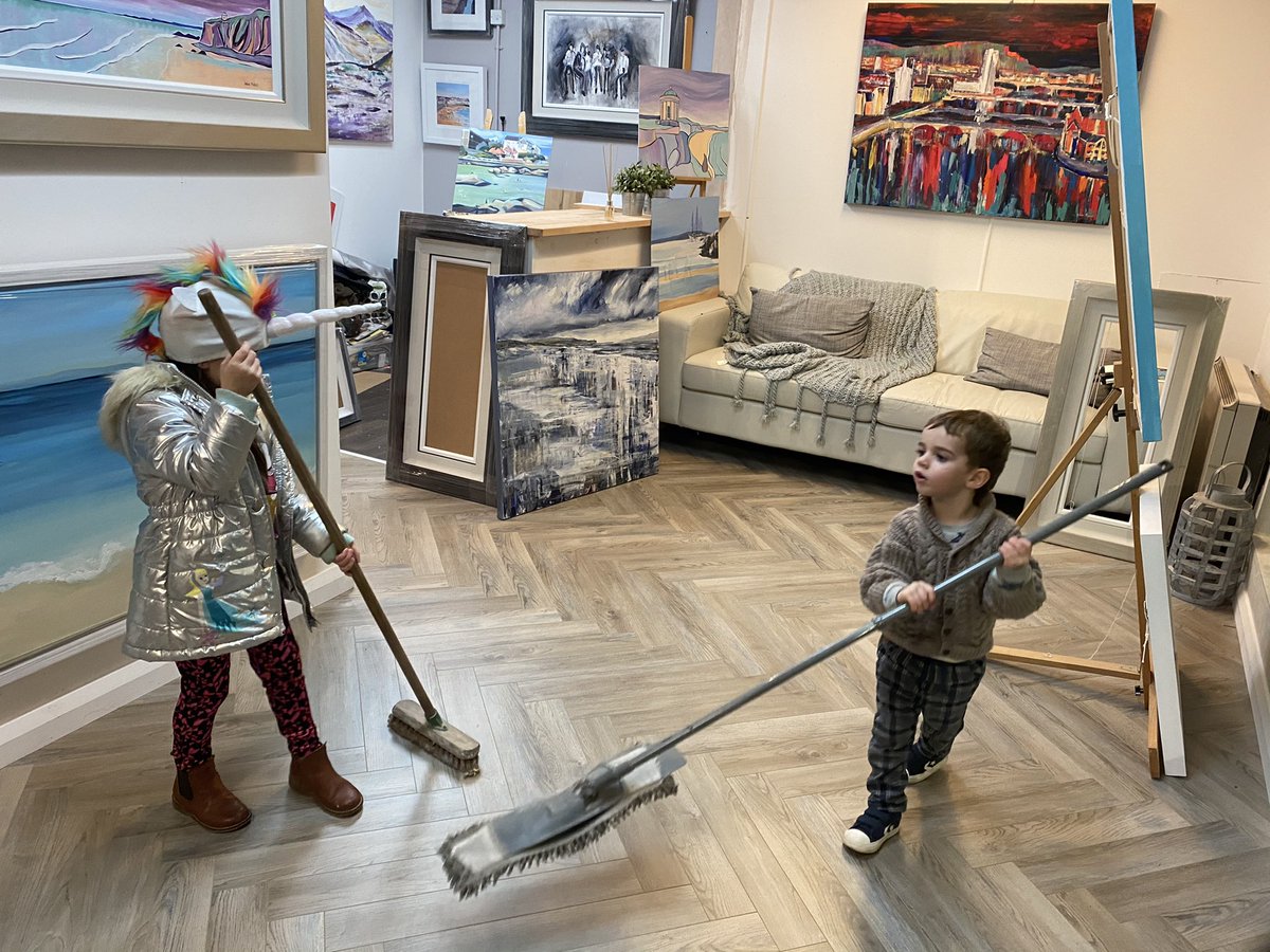 AdrianMargeyArt's tweet photo. Out little helpers getting the gallery ready for visitors. I wonder will they always be as keen to sweep the floor? 😉 #Portrush Studio & Gallery open to public 11am - 5pm time Sat 14th November). #OpenStudioSaturdays #Portmagic #Margey&BjoursonArt #VisitCauseway #CausewayCoast https://t.co/AIMYMm3K8L