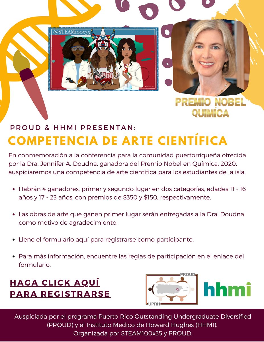 KAlicea_PhD's tweet photo. En colaboración con @STEAM100x35, nos place anunciar un concurso de arte científica, en conmemoración a la conferencia de la Dra. Jennifer Doudna, Premio Nobel de Química, para estudiantes de 11 a 23 años.
Registración: https://t.co/0o3w82MbhT
@PROUD_UPRH @HHMINEWS @UPR_Oficial https://t.co/PfhFOyNzua