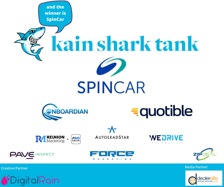 Congratulations to <a href="/spincar/">SPIN CAR</a>  and Britt DeJohn for winning the #Kain2020 Shark Tank.  Excellent competition from all the competitors <a href="/Onboardian/">Onboardian</a> <a href="/Quotible/">Quotible</a> <a href="/reunionmktg/">Reunion Marketing</a>   @AutoLeadStar  <a href="/WeDrive/">Drive</a> <a href="/ForceMarketing/">Force Marketing</a>  @ZipDeal <a href="/PaveInspect/">PAVE Inspect</a>