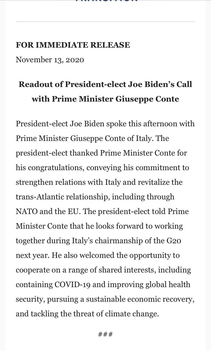 Il comunicato del team di <a href="/JoeBiden/">Joe Biden</a> sulla telefonata con <a href="/GiuseppeConteIT/">Giuseppe Conte</a>