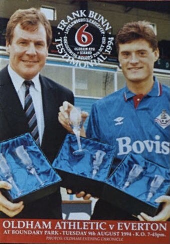 #145 Oldham Athletic 2-2 EFC - Aug 9, 1994. EFC headed to Boundary Park to face Joe Royle’s Oldham Athletic in a testimonial for Oldham legend Frankie Bunn. The Blues drew 2-2 with John Ebbrell & Gary Rowett on the scoresheet. Royle would become EFC manager just 3 months later.
