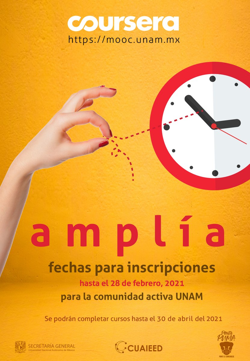 cuaedunam's tweet photo. ¡Recuerda que las fechas para inscribirse a #Coursera para la #UNAM se extendieron!

#ComunidadActiva de la UNAM Si no has disfrutado de algún curso ¡Este es el momento!

¡Tienes hasta el 30 de abril de 2021 para certificarte gratis!

https://t.co/nExUZgL7RX https://t.co/ZW8Ofoeki3