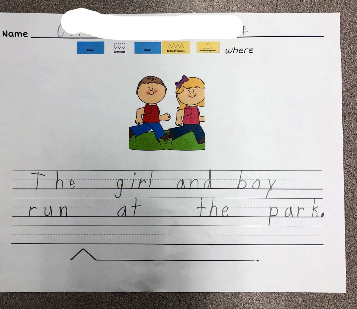 welcometo1C's tweet photo. Compound subject with a connector, action predicate and the predicate expander where. First graders working on super sentences! #ngespride #gpschat https://t.co/5Ec3bhdty4