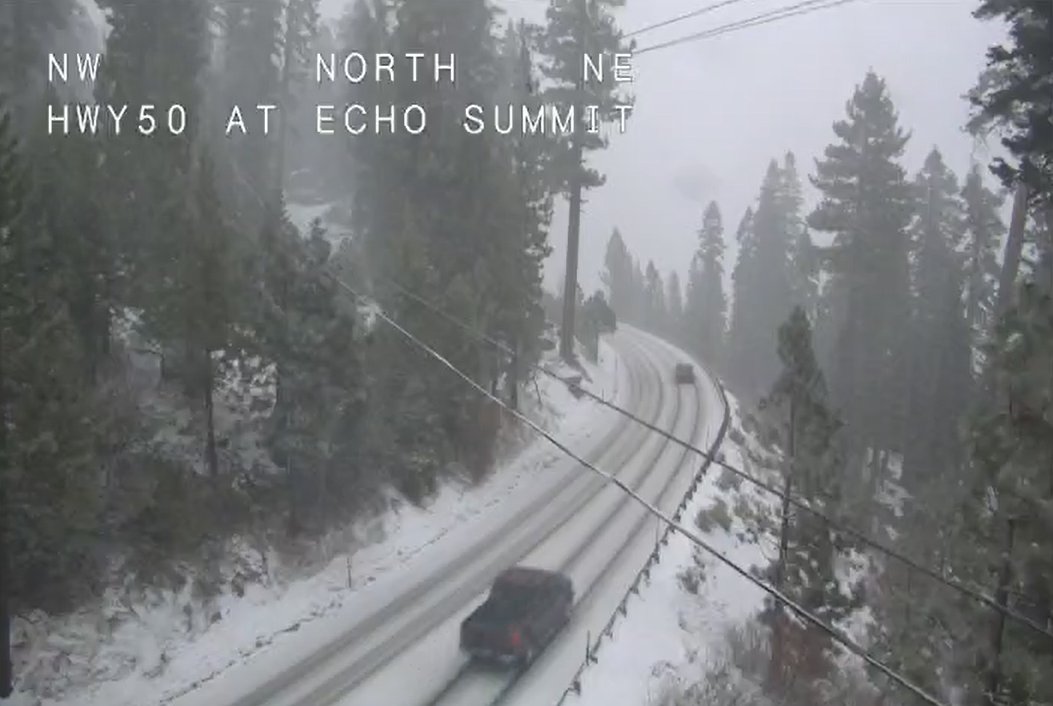 CaltransDist3's tweet photo. And just an hour after our post of no chain requirements on Highway 50 today, we now have chain controls from Twin Bridges to Meyers. Be prepared for winter driving conditions if traveling to the Sierra this afternoon. @CHPSouthLake https://t.co/L2OOrsIyXQ
