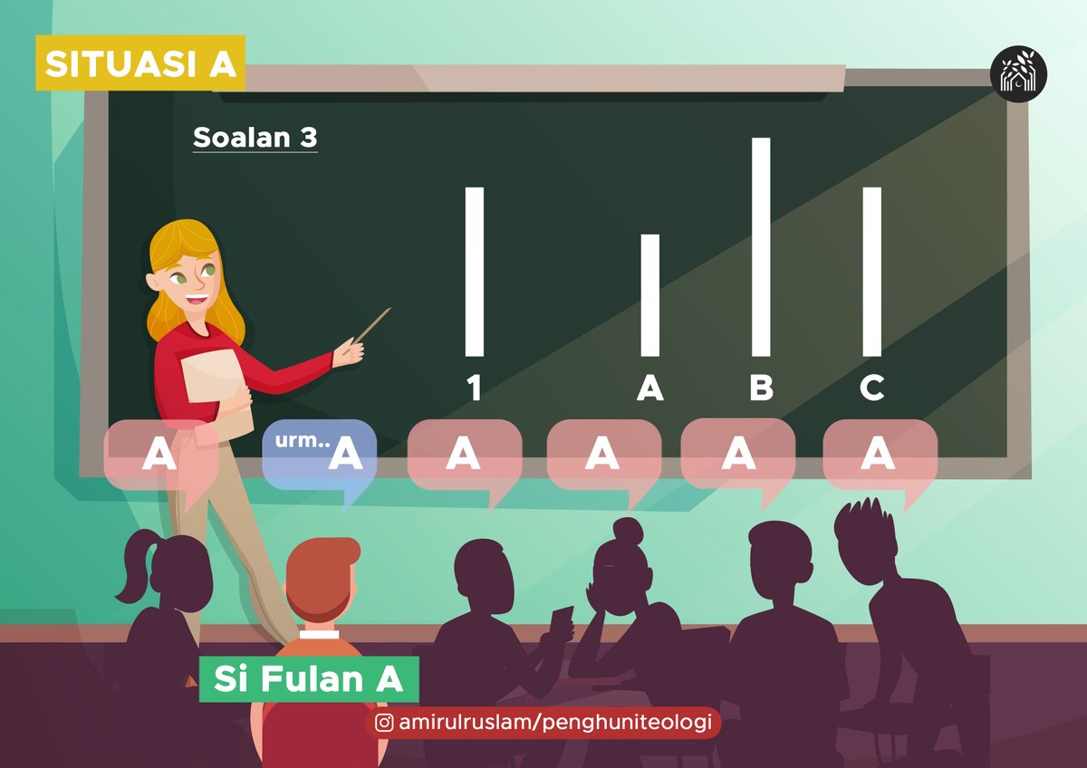 Jawapan yang betul adalah C, tapi pelajar barisan pertama dari kanan sampai keempat pilih jawapan A. Si Fulan A ini pun mula rasa pelik.Dia pandang kiri kanan seperti mahu melintas jalan, kemamkan bibir sambil berfikir.Dan akhirnya anda pilih A juga.