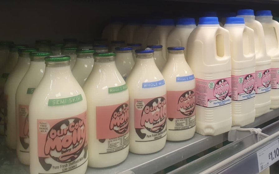 OurCowMolly's tweet photo. What a day !, 4 major #Sheffield @Morrisons rolling out our reusable glass milk bottles into store. The first order alone has saved 400 single use plastic bottles as they’ve been replace by reusable glass bottles 🙌🏻 https://t.co/66chEommrL