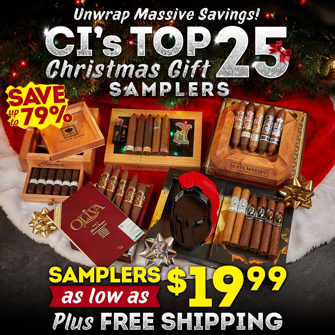 CI's Top 25 Christmas Gift Samplers. It all starts at just $19.99 per sampler, and with savings as high as 79% off. Get to shopping, cigarsinternational.com/SM-CI-TOP-25-C…

#cigardeals #giftideas #cigargifts #premiumcigars #cigars #botl #sotl #cigarsinternational #cination