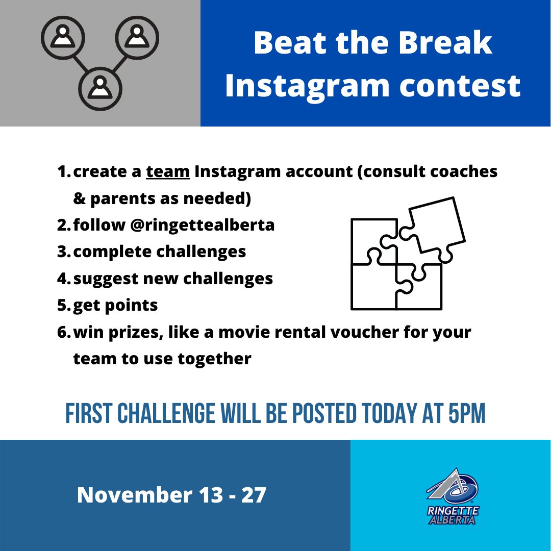 ringettealberta's tweet photo. #BeatTheBreak - Instagram Contest is coming soon. The first challenge will be issued today at 5pm. Get your team an Instagram account (coach/parental supervision as needed) and get ready to stay connected and busy during the break. #ringette https://t.co/jhhVU8rNHU